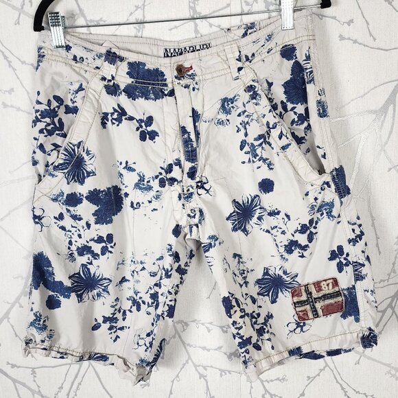 Napapijri White Blue Floral Print 100% Cotton Chino Shorts - Picture 1 of 7